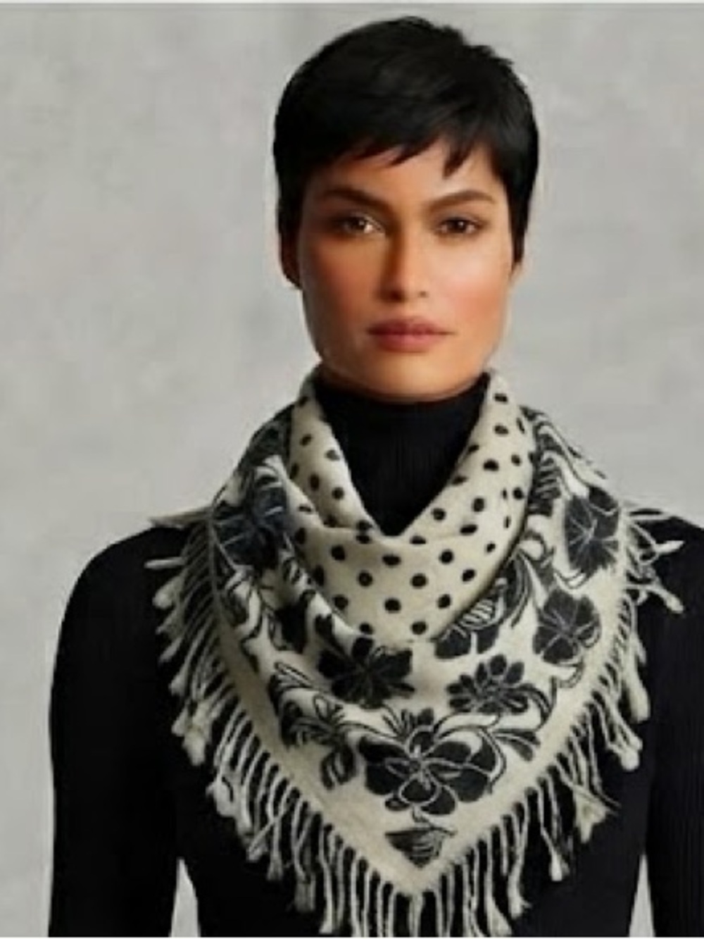 Pashmina Cashmere 30% Silk Black and White Polka Dot Floral Fringe Shawl